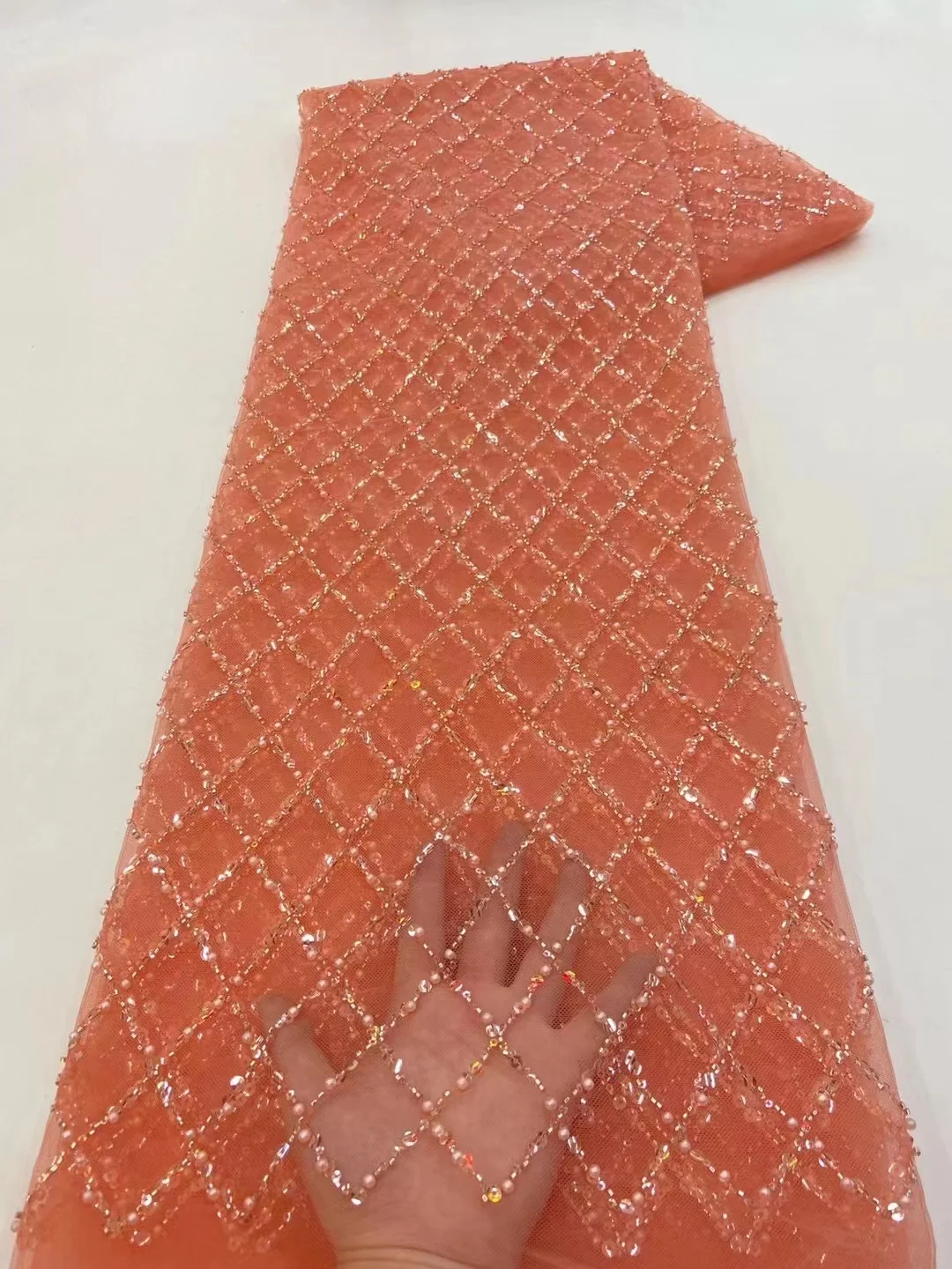 

African Sequins Beaded Lace Fabric 2023 French Tulle Lace Fabric Beaded Embroidery Mesh Fabrics For Party Wedding Dress PL445-1