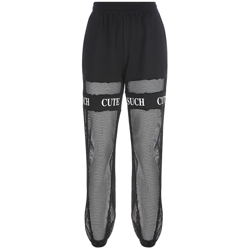 Women's Loose Harajuku Sweatpants, High Waist Pants, Fishnet Patchwork, Letter Hollow Out Mesh Pants, Sport Bottom, Streetwear