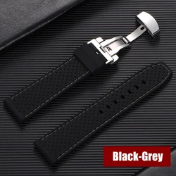 Deluxe Waterproof Silicone Watch Band with Butterfly Buckle - Soft, Breathable Strap Replacement - Black Buckle (Black - Grey)