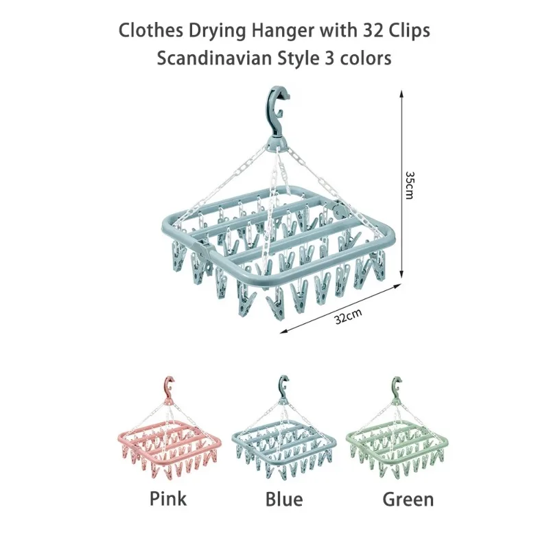 Clothes Hanger Drying with 32 Clips and Drip Foldable for Socks Bras Towel Underwear Hat Scarf Pants Baby Clothes