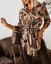 

2022 Spring New Lady Printed Long Sleeved Shirt Fashion Casual Turn-down Collar Women's Blouse Single Breasted Tops - with Belt