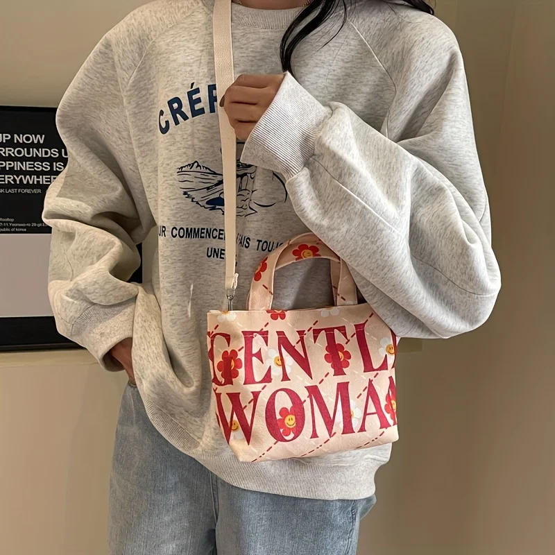Mini Cute Canvas Crossbody Bag, Kawaii Cartoon Print Tote Shoulder Bag, Women's Fashion Handbags And Purses