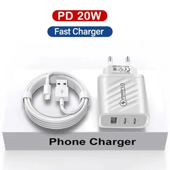 20W PD USB-C Power Adapter Fast Charger For Apple iPhone 15 14 13 12 11 Pro Max X XS XR 7 8 Plus USB to iPhone Charging Cable