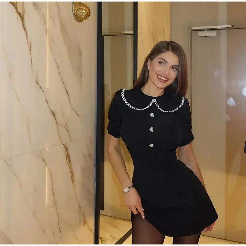 Autumn Fashion Glitter Mini Dress Elegant Patchwork Short Sleeve Lace-Up Lace Casual Party Dress Women's Bandage Dress New