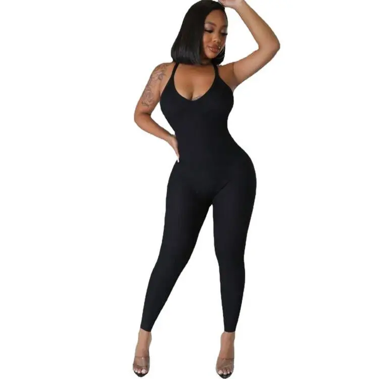 FQLWL Summer Streetwear One Piece Outfit Jumpsuits Women Romper Backless  Ribbed Sleeveless Black Gray Bodycon Jumpsuit Female