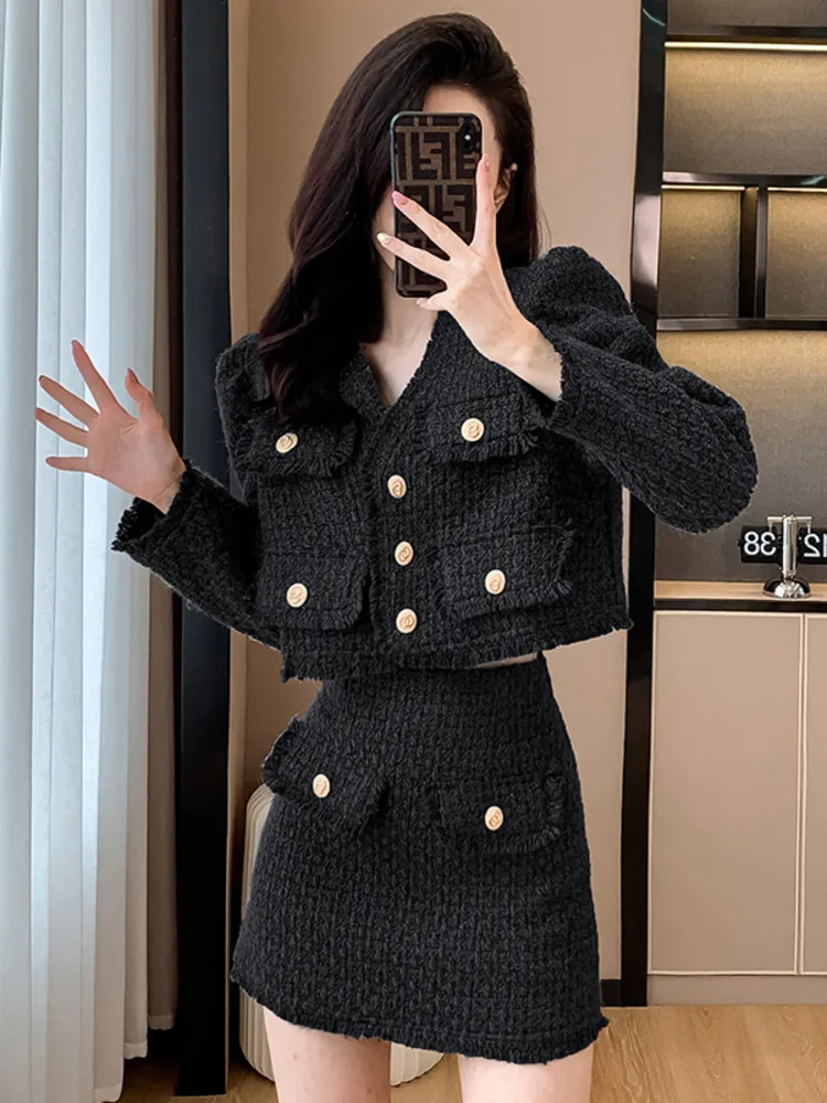 

New Autumn Tweed 2 Piece Sets For Women's Outifits Fashion Elegant Tweed Long Sleeve Short Coat + High Waist Mini Skirts Suits