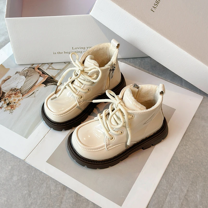 Girls Winter Cotton Boots Black Beige Round Toe Platform