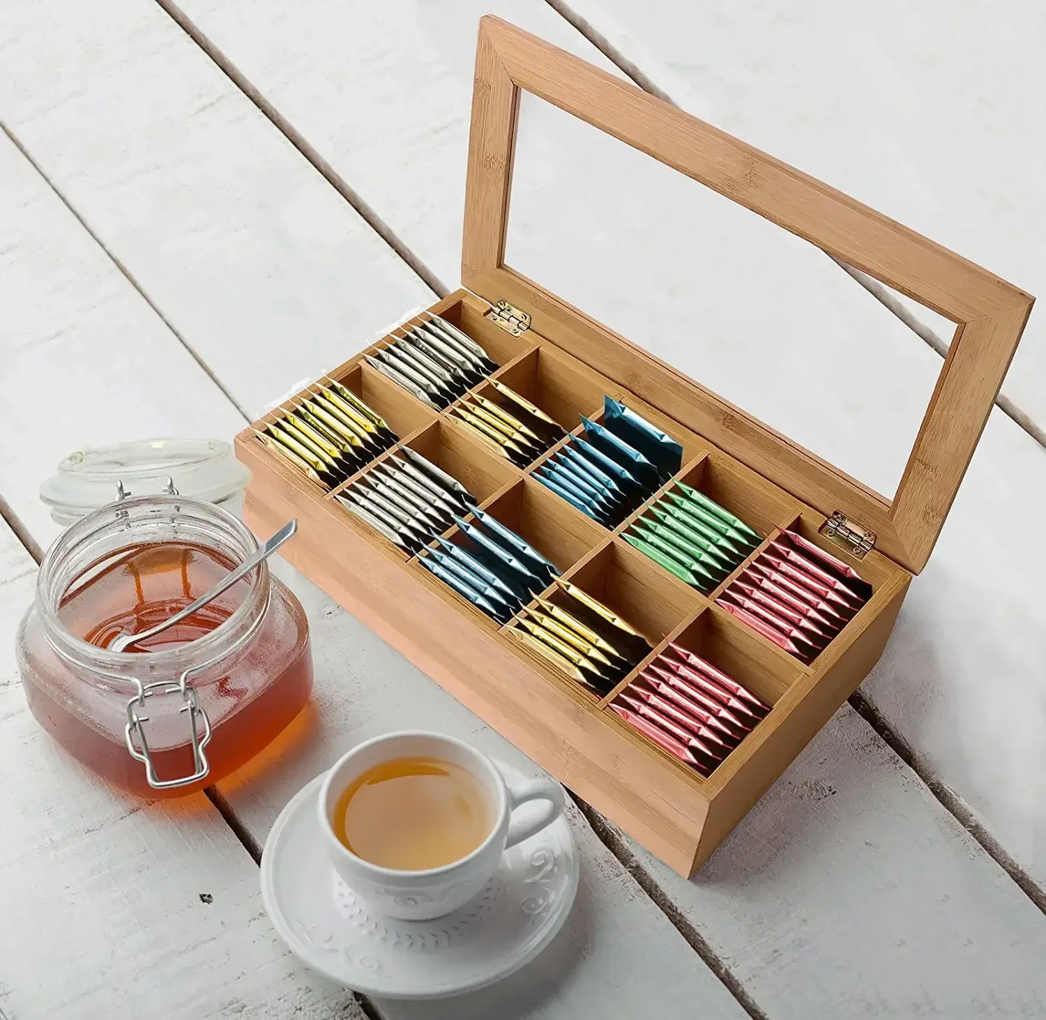 

Bamboo Tea Bag Storage Box, 10 Equally Divided Compartments Organizer Box