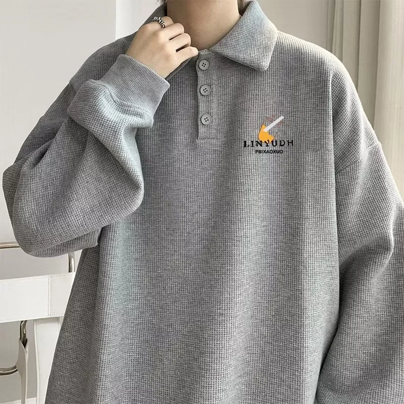 Coreano Moda Risvolto Lettera Stampa Grafica Felpa Uomo Americano Retrò Waffle Sciolto Sudaderas Casual Manica Lunga Y2K Polo
