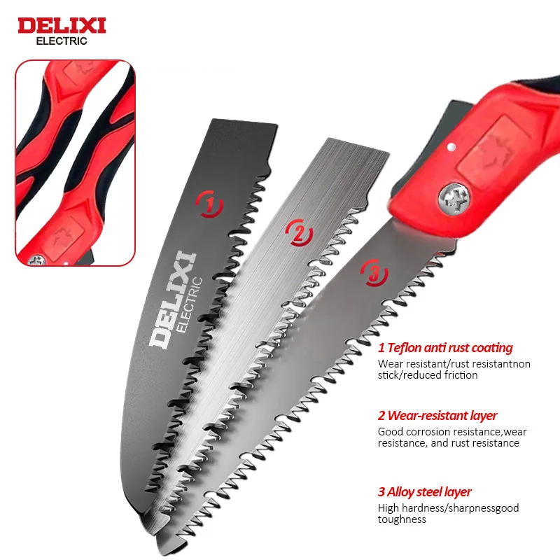 Folding Saw DELIXI ELECTRIC Manual SK5 Steel One-button Folding Design Sharp Blade for Cutting Wood Tree Garden