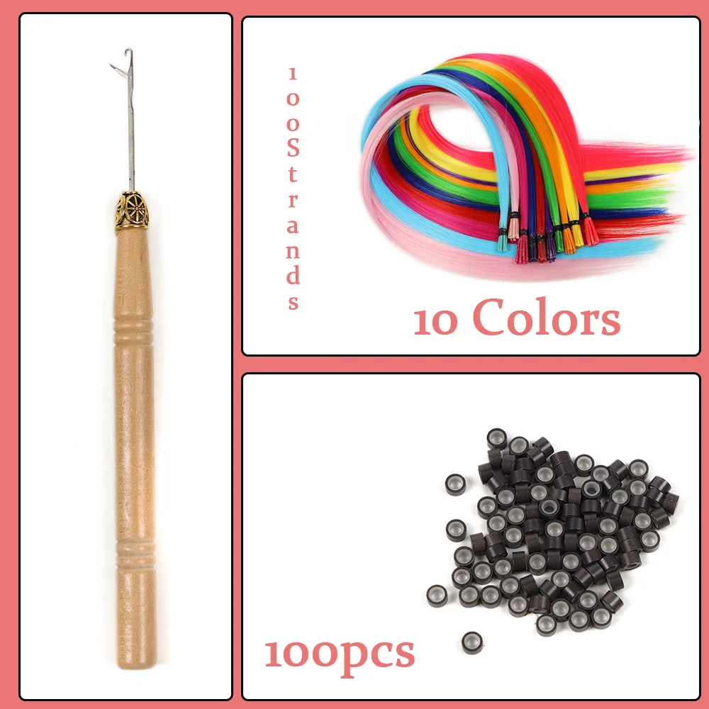 20인치 합성 다채로운 스타일리쉬 헤어 익스텐션 10가지 색상/100가닥 선물용 크로셰 및 실리콘 링 파티 할로윈 착용용