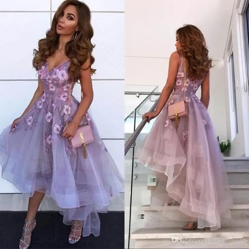 

Lavender Floral Prom Dresses V Neck Lace 3D Appliques Sleeveless High Low Length Custom Evening Gowns Cocktail Homecoming Party