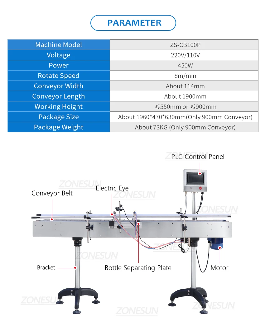 ZS-CB100P 1.9M Length Automatic Chain Conveyor Belt Adjustable-Speed Transporting Goods Machiney Production Line