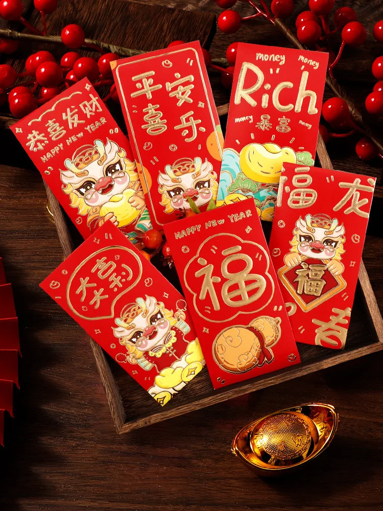 

6 шт. 2024 красный конверт на китайский новый год с изображением дракона, Весенний фестиваль, лунный год, Детские плотные пакеты с изображением денег на новый год