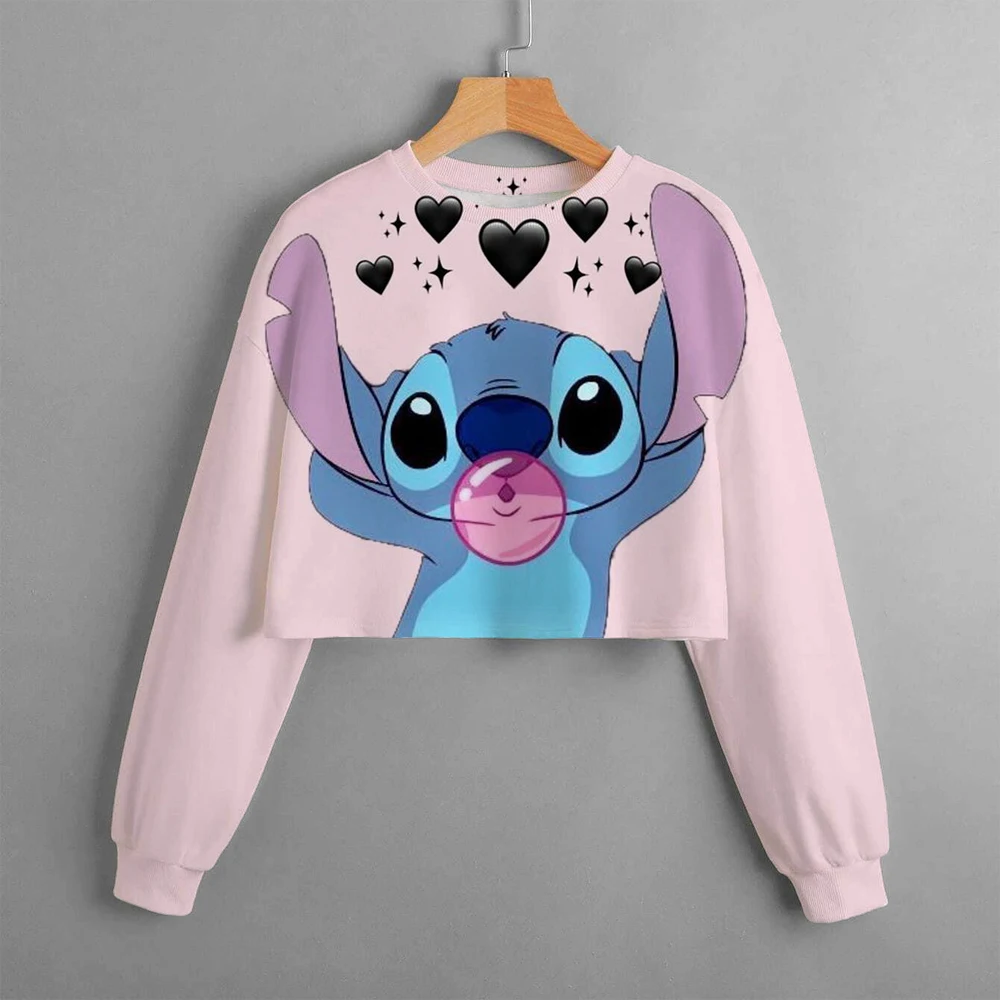 Girls Hoodie Casual Cartoon Anime Fun Print Children's Top Spring 2024 Disney Lilo&Stitch Girls' Short Round Neck Sweater