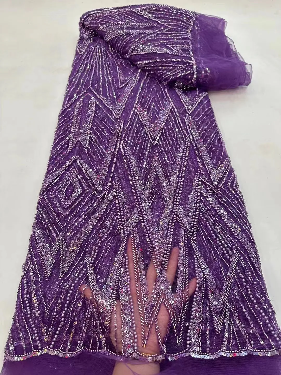 

Purple 2023 Latest African Sequins Beads Lace Fabric for Women, High Quality Lace Material, French and Nigerian Lace Fabrics
