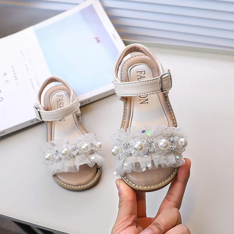 

Girls Sequins Sandals Summer Sweet Elegant Children Princess Pearl Dress Sandals Fashion Open-toe Kids Causal Flat Sandals Soft