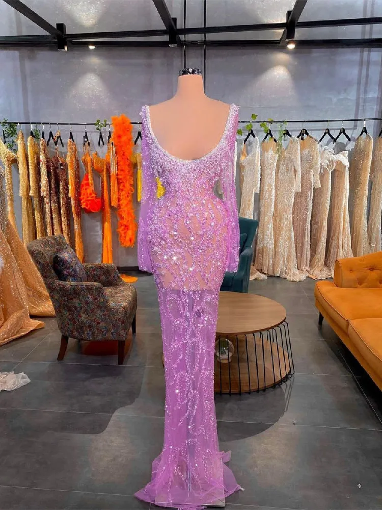 

Pink Evening Dresses V Neck Long Sleeves Sequins DiamondsBeaded Appliques 3D Lace Hollow Sexy Appliques Prom Dresses Custom Made