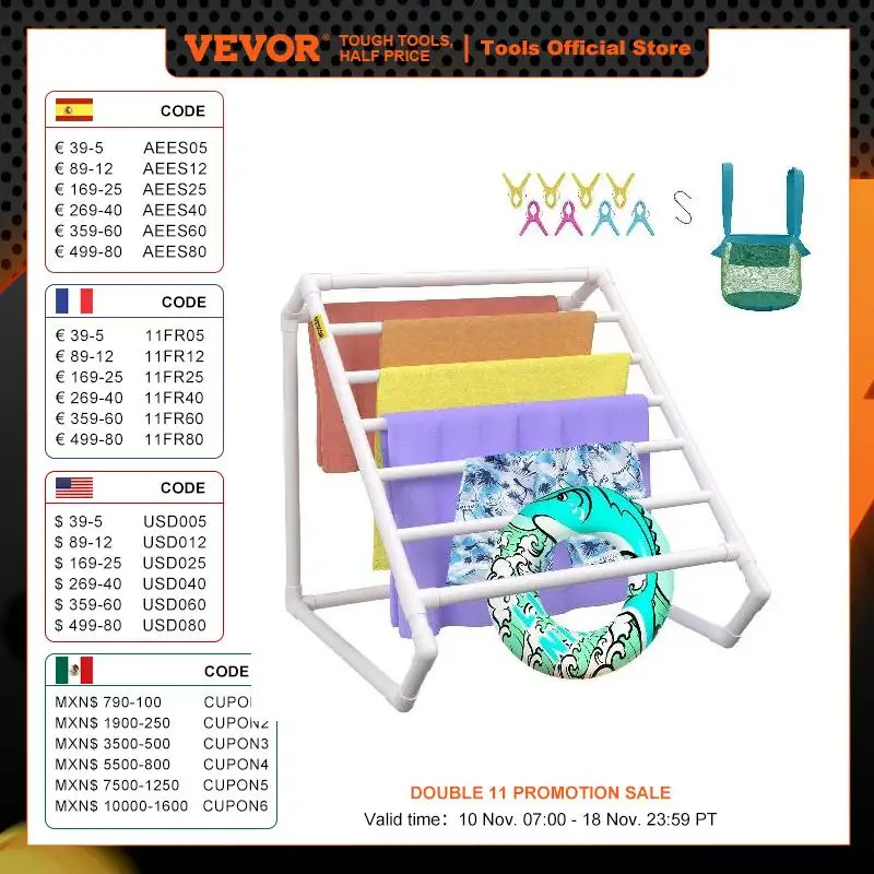 VEVOR Pool Towel Rack 8 Bar White Freestanding Outdoor PVC Triangular Poolside Storage Organizer Include 8 Towel Clips Mesh Bag