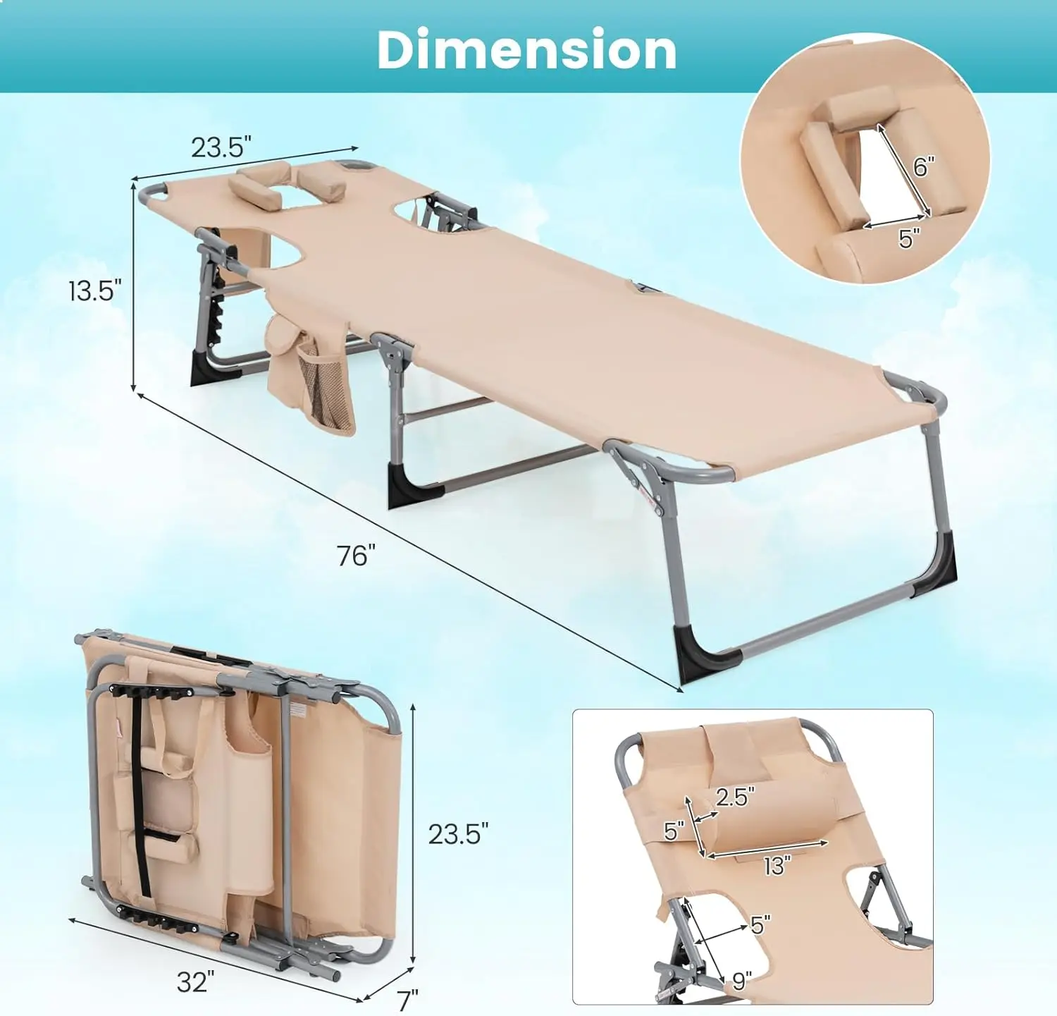 Folding Beach Lounge Chair with Face &Arm Hole, 5-Position Adjustable,Removable Pillow,Side Pocket, Sunbathing Chair