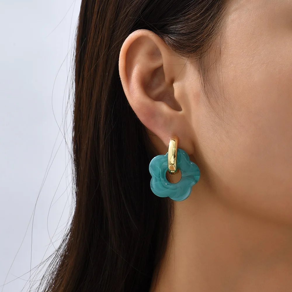 Boho Candy Color Flower Resin Drop Earring for Women Girls Transparent Marbling Acrylic Flower Metal Hoop Earings Jewelry - Image 2
