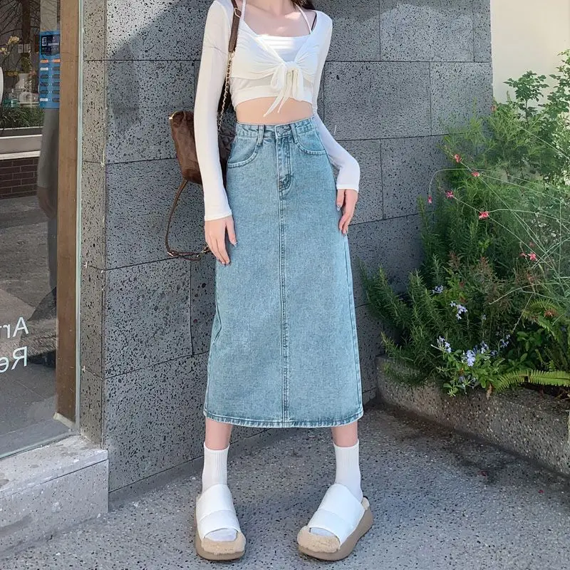 

Модная женская винтажная джинсовая юбка средней длины с высокой талией и разрезом, модель P963 в Корейском стиле на лето, 2023
