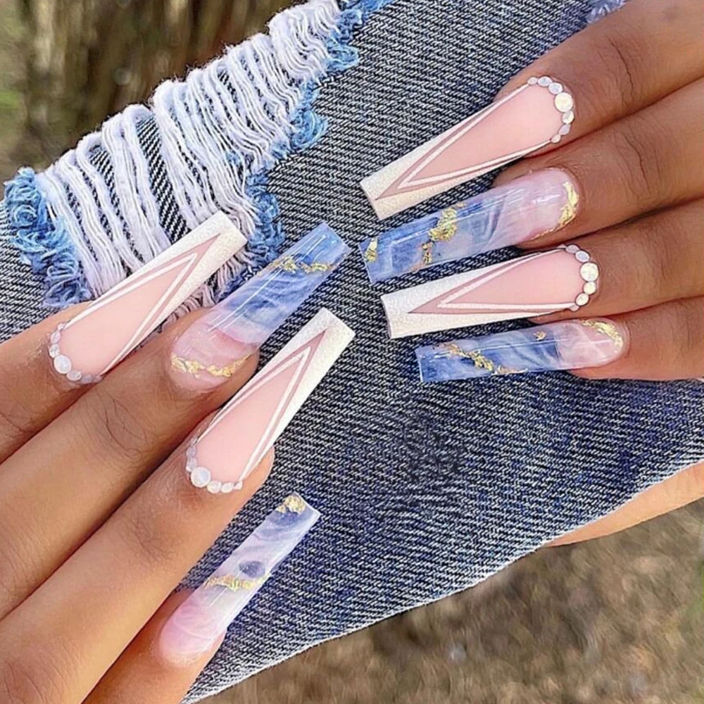 24pcs/Set Detachable Long Coffin Fake Nails European Rainbow Ballerina Full Nail Art Tips Colorful Beauty Artificial False Nails