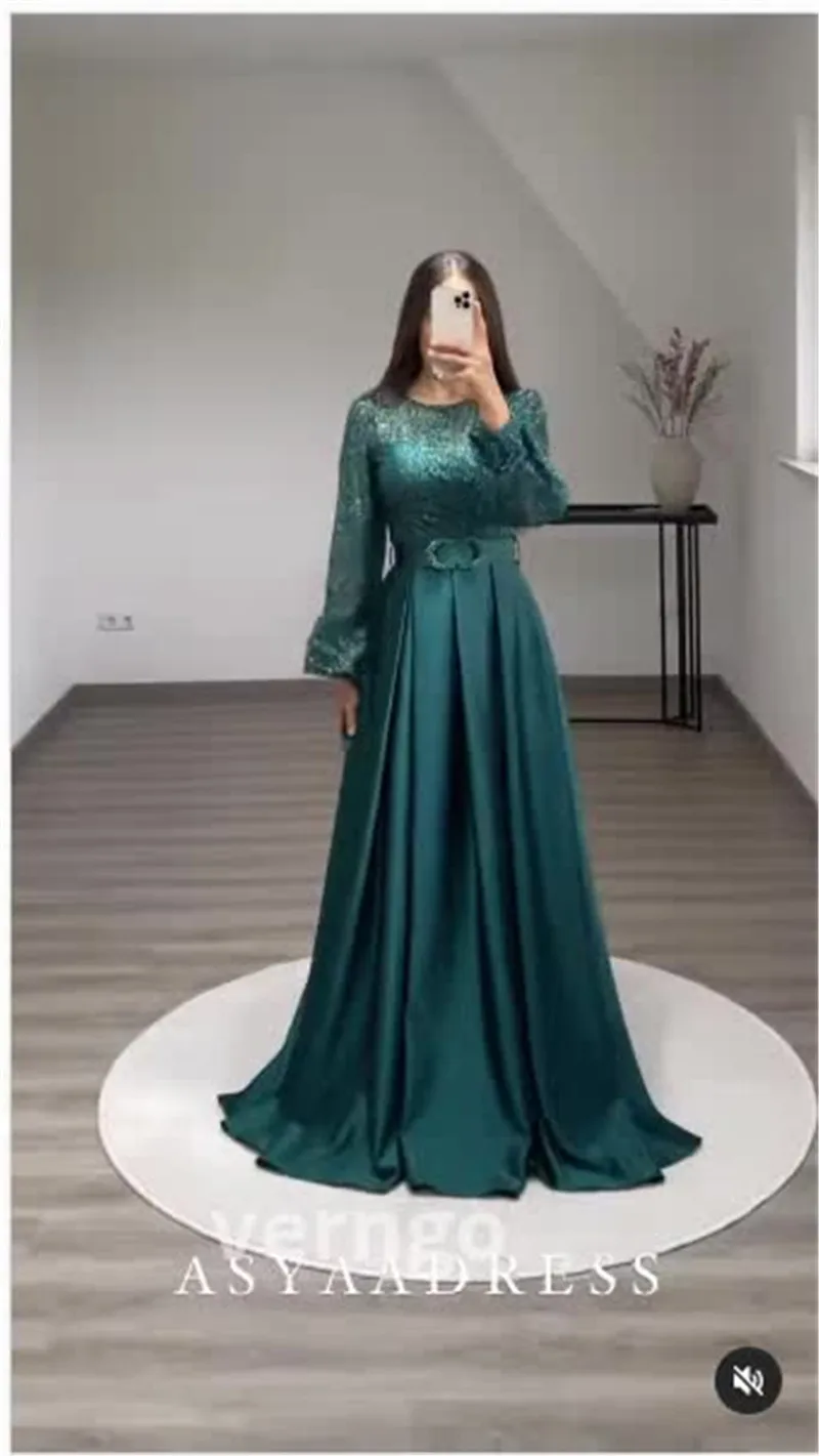 

Verngo Modest Glitter Lace Sequin Evening Dresses Puff Long Sleeves Jewel Neck Arabic Women Formal Prom Gowns Robe de soiree