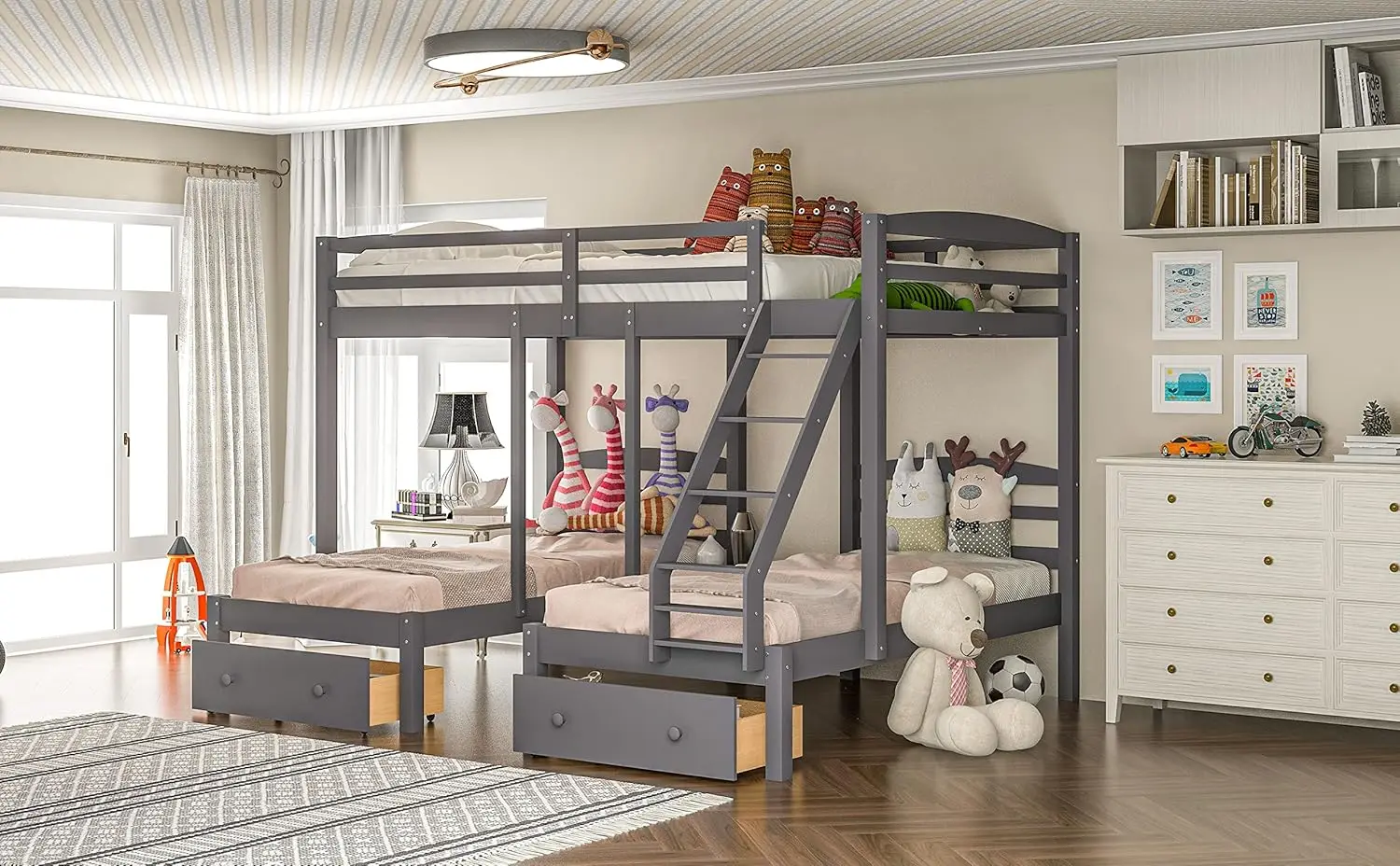 over Twin & Twin Bunk Bed,Triple Bunk Bed Frame for Boys Girls Kids Adults Toddler with Drawers, Gray