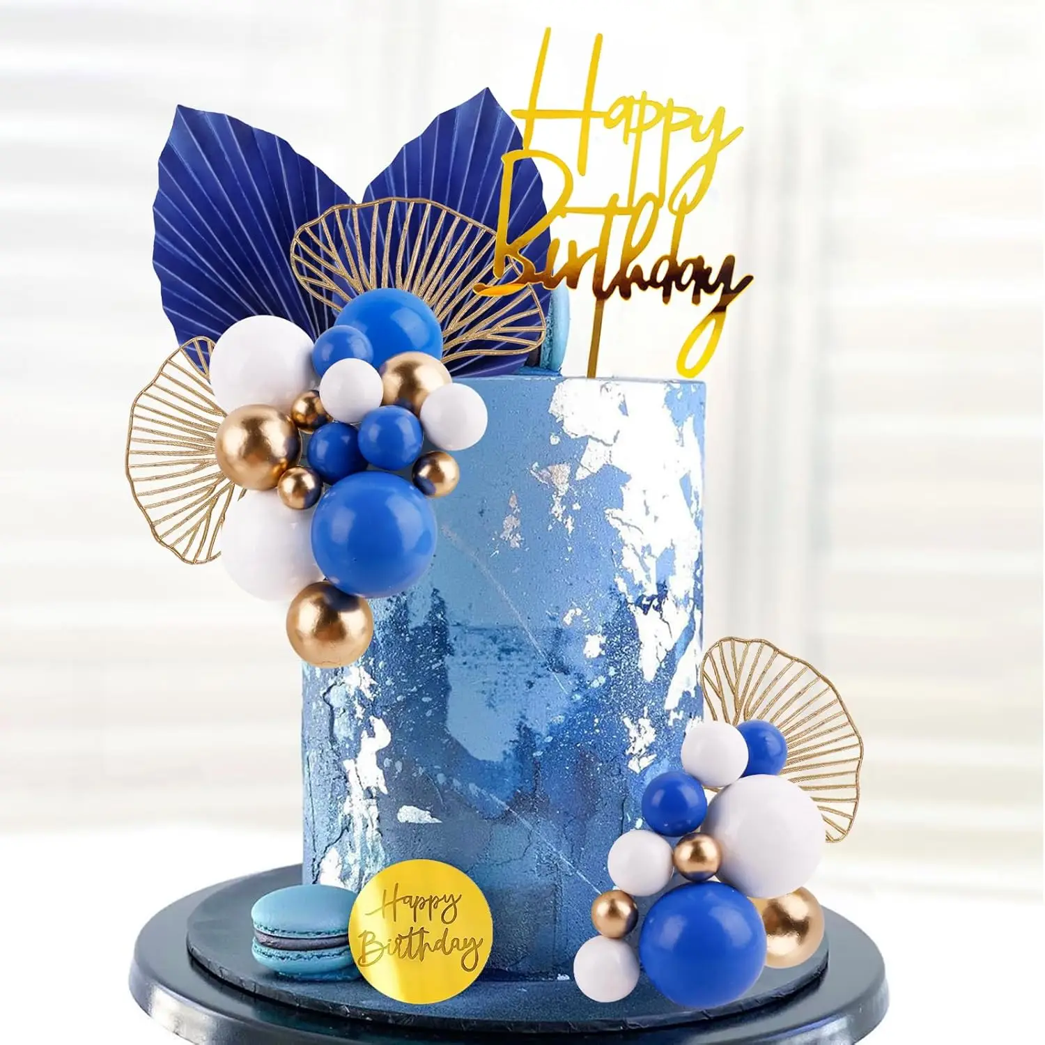 Boho Blue & Gold Cake Topper Set With Crown & Ball Decorations