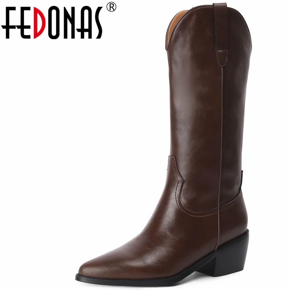 

FEDONAS Autumn Winter New Women Mid-Calf Boots Genuine Leather Quality Office Lady Thick Heels Shoes Woman Elegant Western Boots