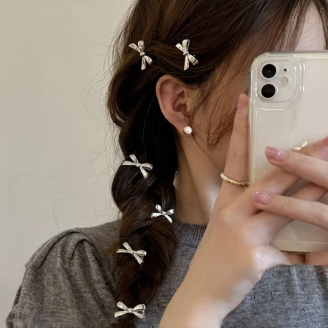 4pcs/Set Golden Silver Color Bow Mini Hairpins for Women Sweet Cool Girl Bangs Barrettes Duckbill Side Clip Hair Accessories