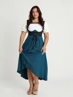 ROSEGAL Plus Size Lace Trim Grommets Lace-up Buckle Panel Ruched Dresses Tulip Hem Women's Fashion Elegant Casual Maxi Dress