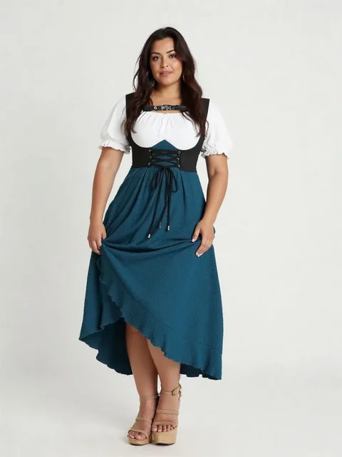 ROSEGAL Plus Size Lace Trim Grommets Lace-up Buckle Panel Ruched Dresses Tulip Hem Women's Fashion Elegant Casual Maxi Dress