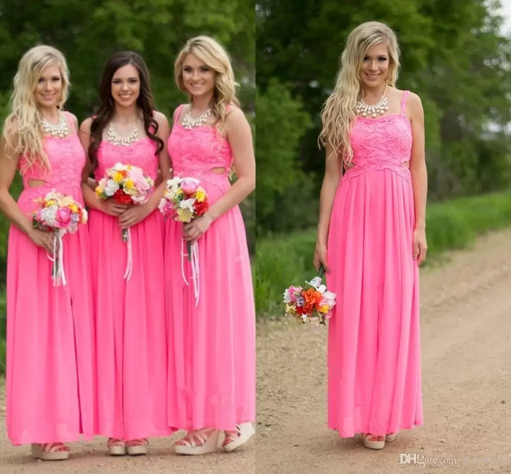 

Pink Long Country Bridesmaid Dresses Cheap Plus Size Bridesmaids Gowns Cutaway Side Chiffon Lace Long Backless Prom Party Dress