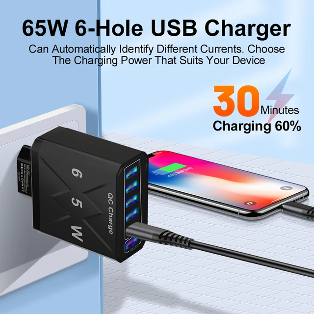 65W 6 Ports USB Charger Fast Charging QC3.0 Travel Charger For iPhone 14 Samsung Xiaomi Mobile Phone Adapter EU KR US UK Plug 2