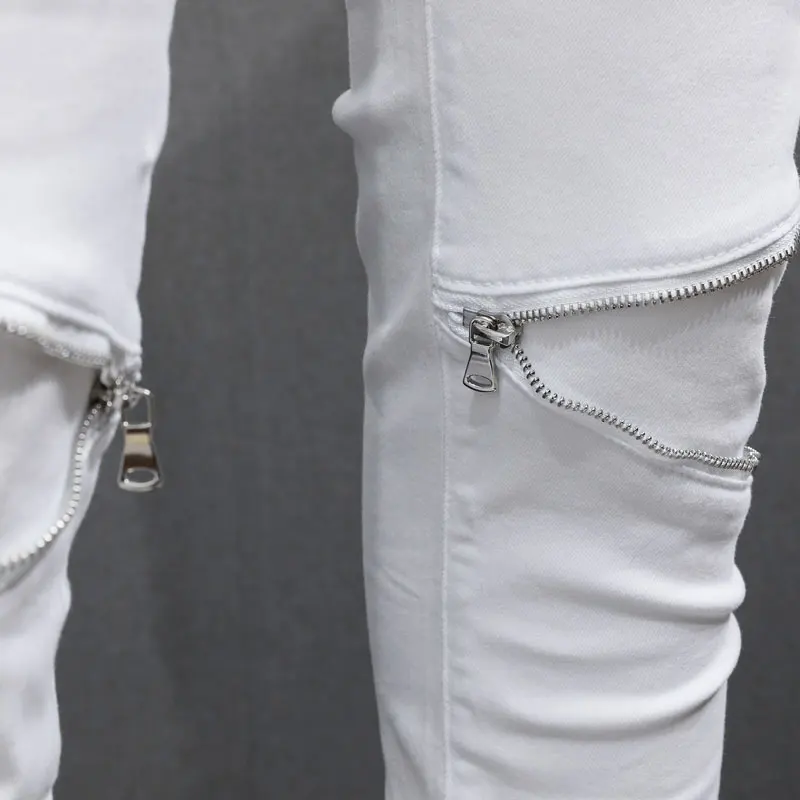 Street Fashion Men Jeans White Color Elastic Slim Fit Spliced Biker Jeans Men Punk Trousers Zipper Designer Hip Hop Pants Hombre