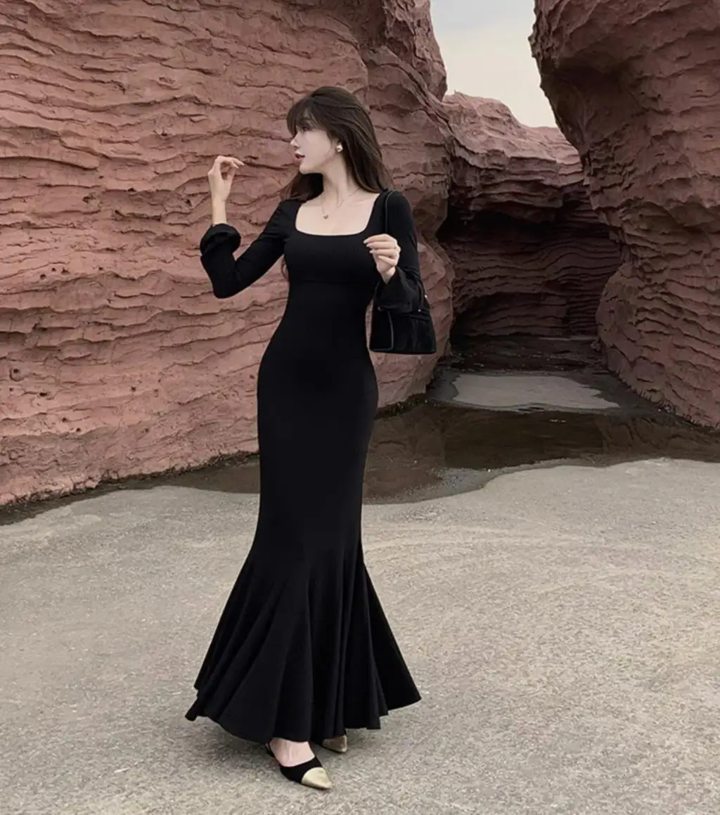 Vestidos largos de moda de otoño para mujer, mangas largas, cuello cuadrado, estilo coreano, corte entallado, sirena, elegantes, básicos, lisos, nuevos