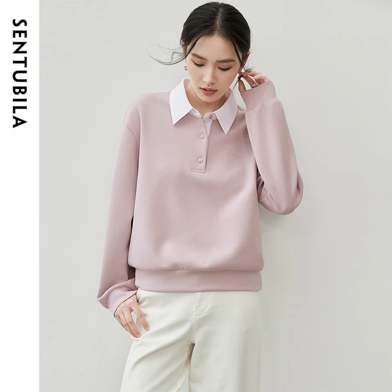 SENTUBILA Patchwork Spliced Sweatshirt for Women 2024 Winter Cotton Casual 2 in 1 Pullover Embroidery POLO Neck Tops 143A56445 4