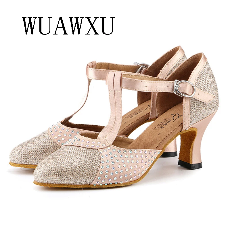 NATASHA2023 Pointed Dance Shoes for Women Adult Soft Sole with Diamond Satin and Silver Black Shine Modern Double Dance Social D