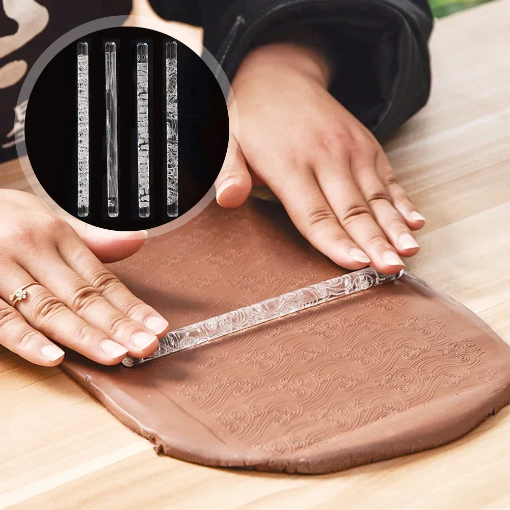 Acrylic Texture Rolling Pin Ceramic Pottery Art Embossed Rod Flower Pattern Mud Embossing Rolling Stick DIY Clay Craft Tool