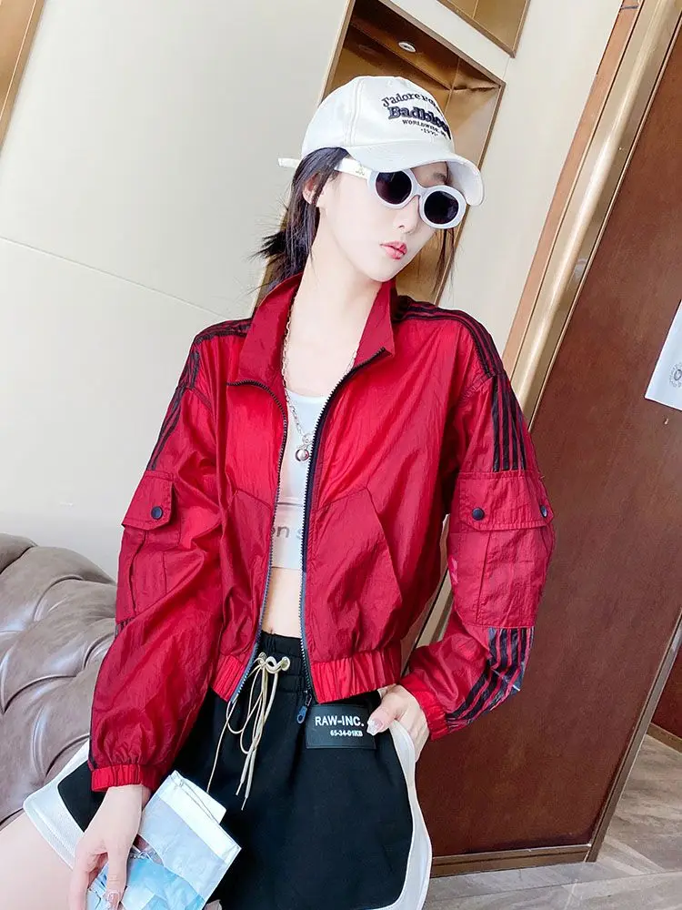 White Red Jackets Women Sweatshirt Long Sleeve Zipper Sun Protection Cropped Jackets Sportswear Korean Chic Coat Loose Harajuku