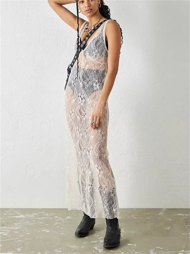 SUNSIREN Sexy Lace Beach Maxi Dress Women Y2K Hollow Out Bikini Cover Ups See-Through Beachwear Sleeveless Beach Tunic Pareos