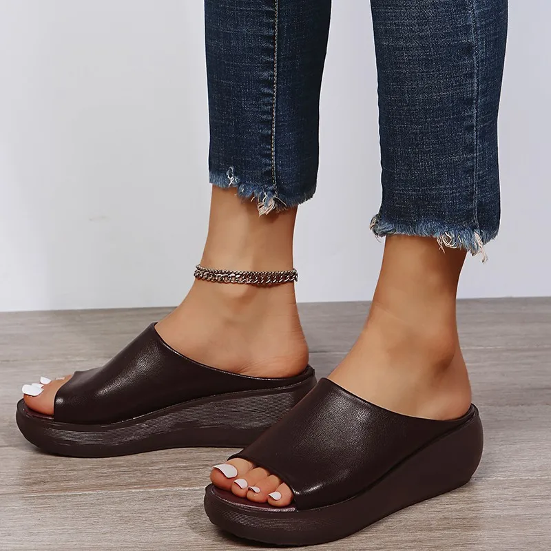 Women Slippers Women Summer Ethnic Style Wedge Fish Mouth One Word Drag Thick Bottom Large Size