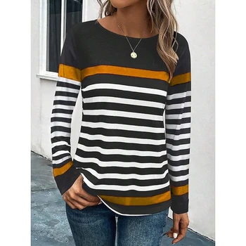 Print Stripes Sweatshirt Women's Clothing Simple Design Round Neck Casual Sweatshirts Color Block Graphic Spring Sport Hoodie 1