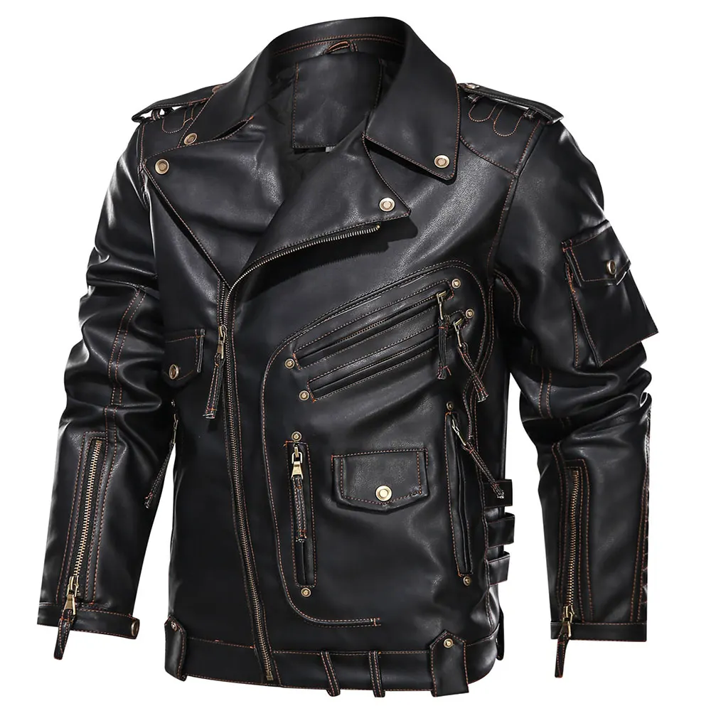 

Handsome Motorcycle Coats Male Chaquetas Hombre Autumn High Quality Mens PU Leather Jacket Casual Lapel Zipper Multi-pocket