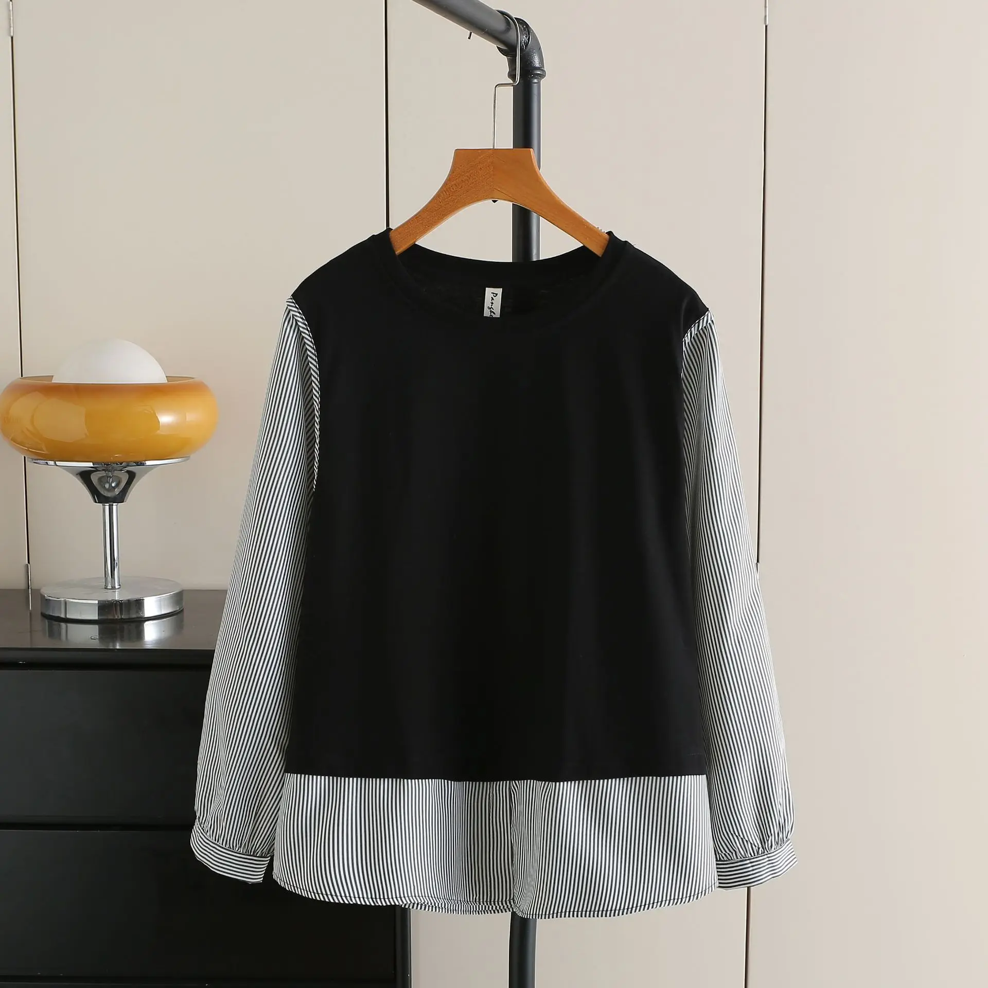 Fashion Plus Size Women's Blouses Autumn New Classic Fake Two Pieces Casual Striped Patchwork Shirt 8032