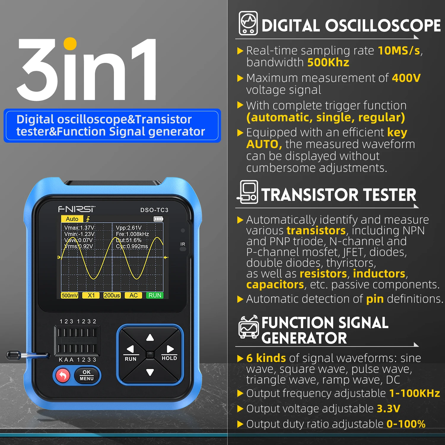 

FNIRSI DSO-TC3 Portable Digital Oscilloscope Transistor Tester 3 in 1 Multi-function Multimeter Diode Voltage LCR Detect PWM Out