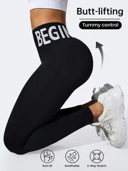 Leggings da yoga europei e americani senza cuciture con scritte in vita, sollevamento del sedere, collant traspiranti da donna ad asciugatura rapida per piselli