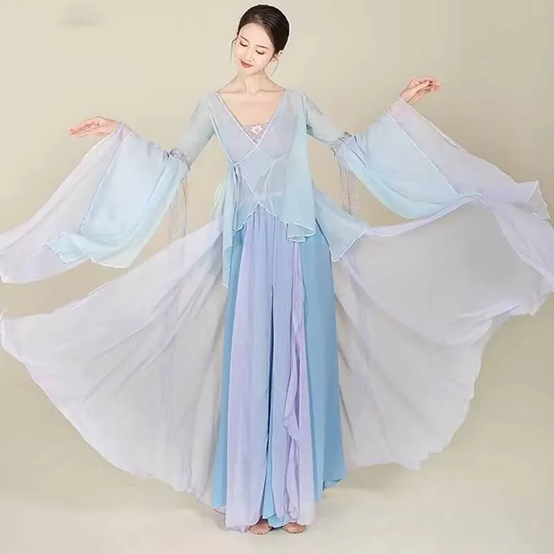 

Classical dancer performance costumes chiffon cardigan practice dance clothes body rhyme long outer Chinese style folk dance